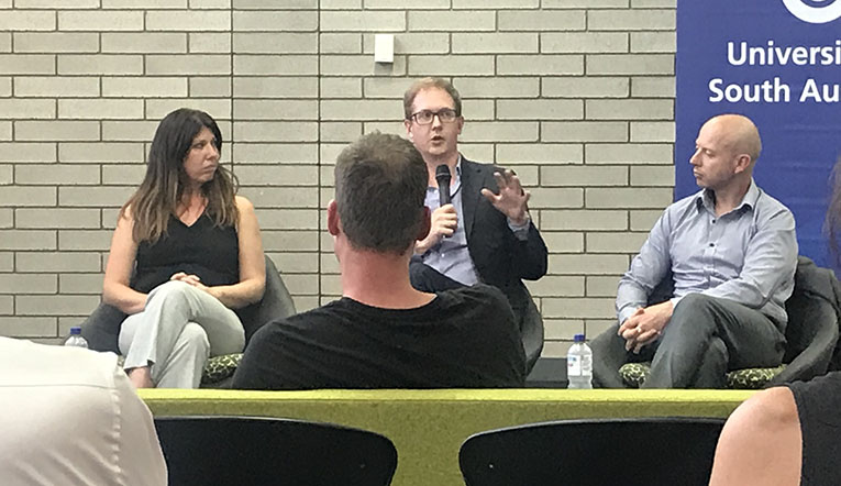 Jasmine Vreugdenburg, Kirk Drage of LeapSheep and Chris Cowely, Chief Executive Officer of the Whyalla City Council.